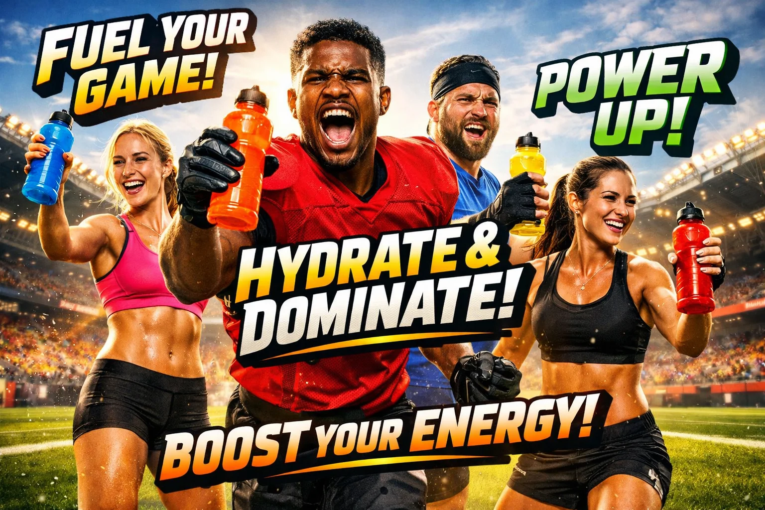 Powerful Gatorade Slogans displayed over athletes on a sports field to show brand energy and marketing intent